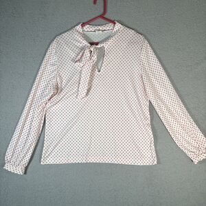 Vintage Women’s White With Red Polka Dots Long Sleeve Tie Neck Blouse No Tag‎